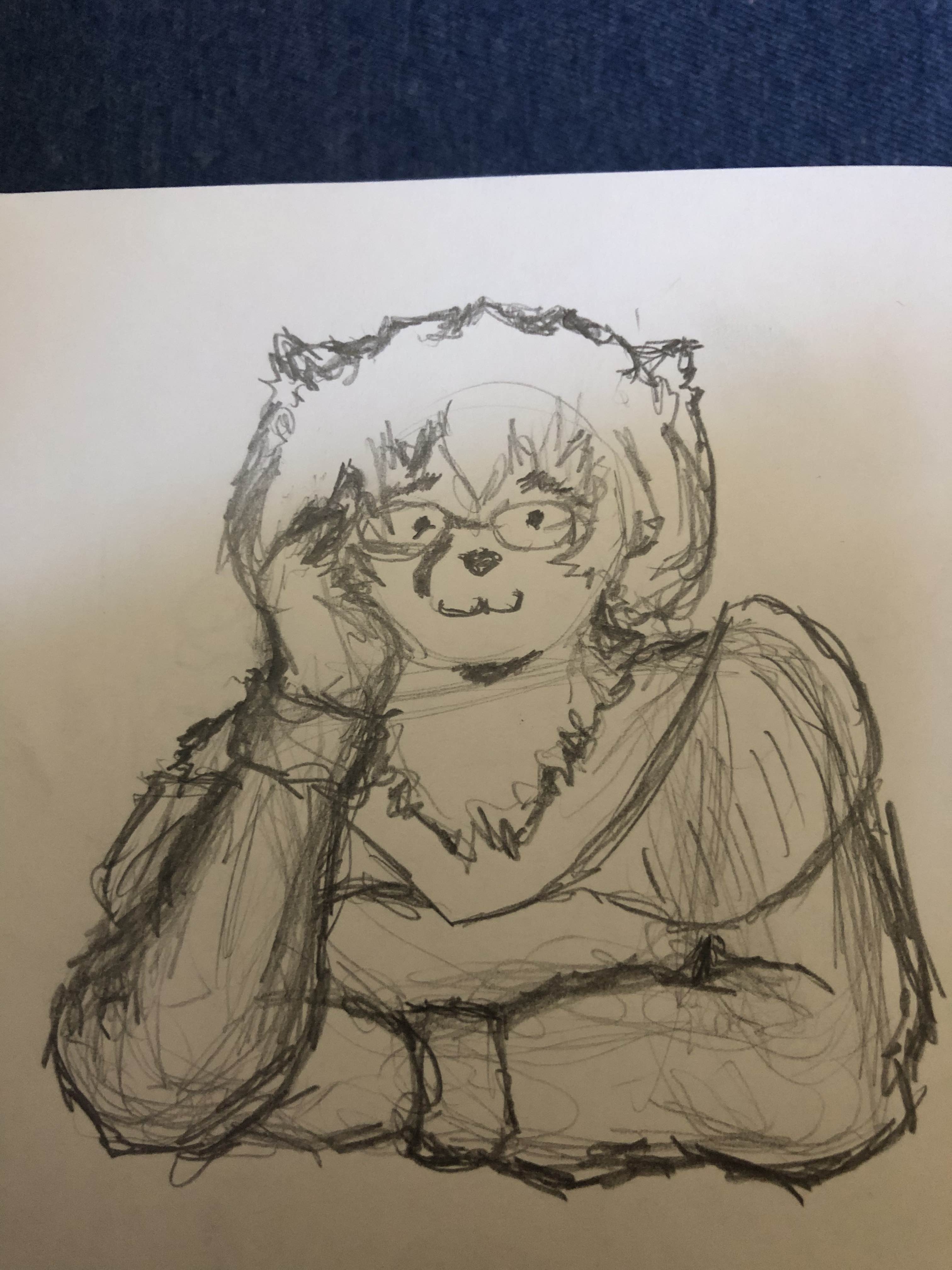 A pencil sketch of a raccoon dog lady in a loose-fitting sweater